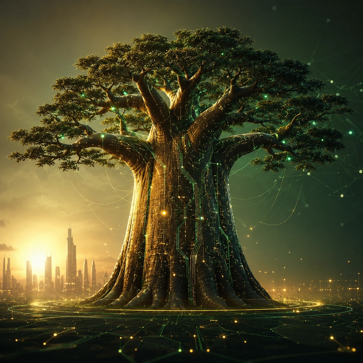 Baobab digital symbolisant l’intelligence artificielle et la transformation digitale au Sénégal