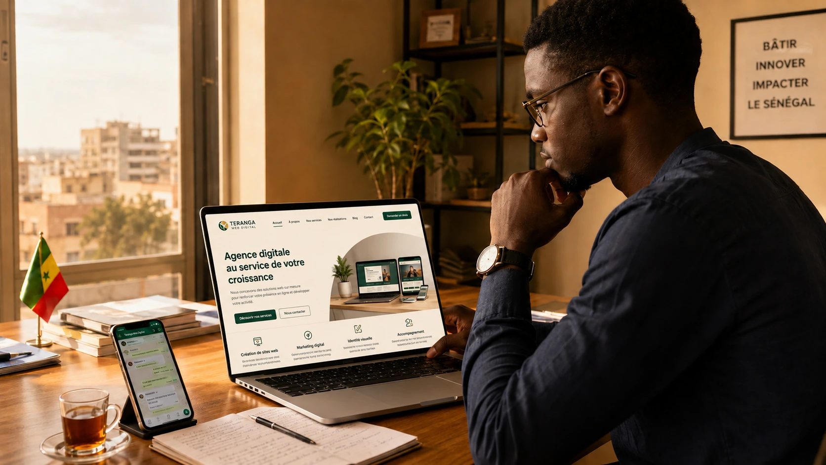 Entrepreneur dakarois consultant un site internet professionnel sur son ordinateur, attaya sur le bureau