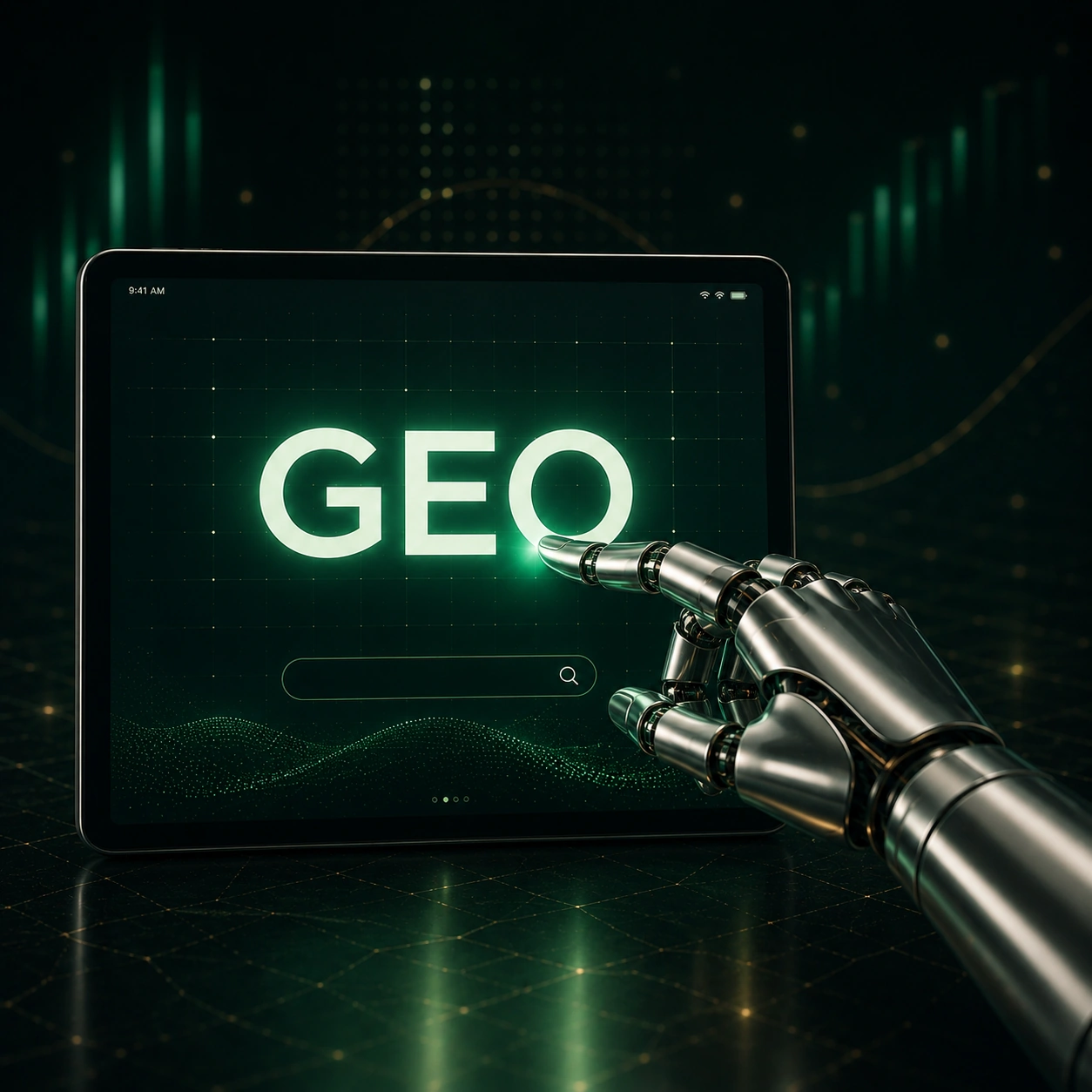 Interface futuriste GEO avec main robotique et écran de recherche IA