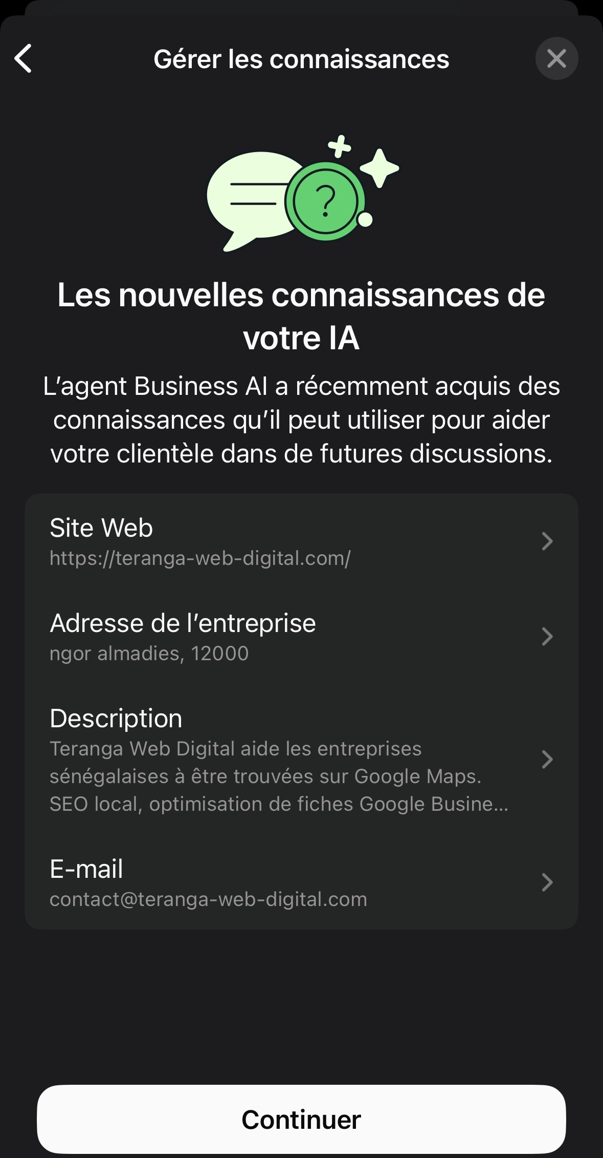 Écran de gestion des connaissances montrant les données auto-importées depuis le site web de Teranga Web Digital