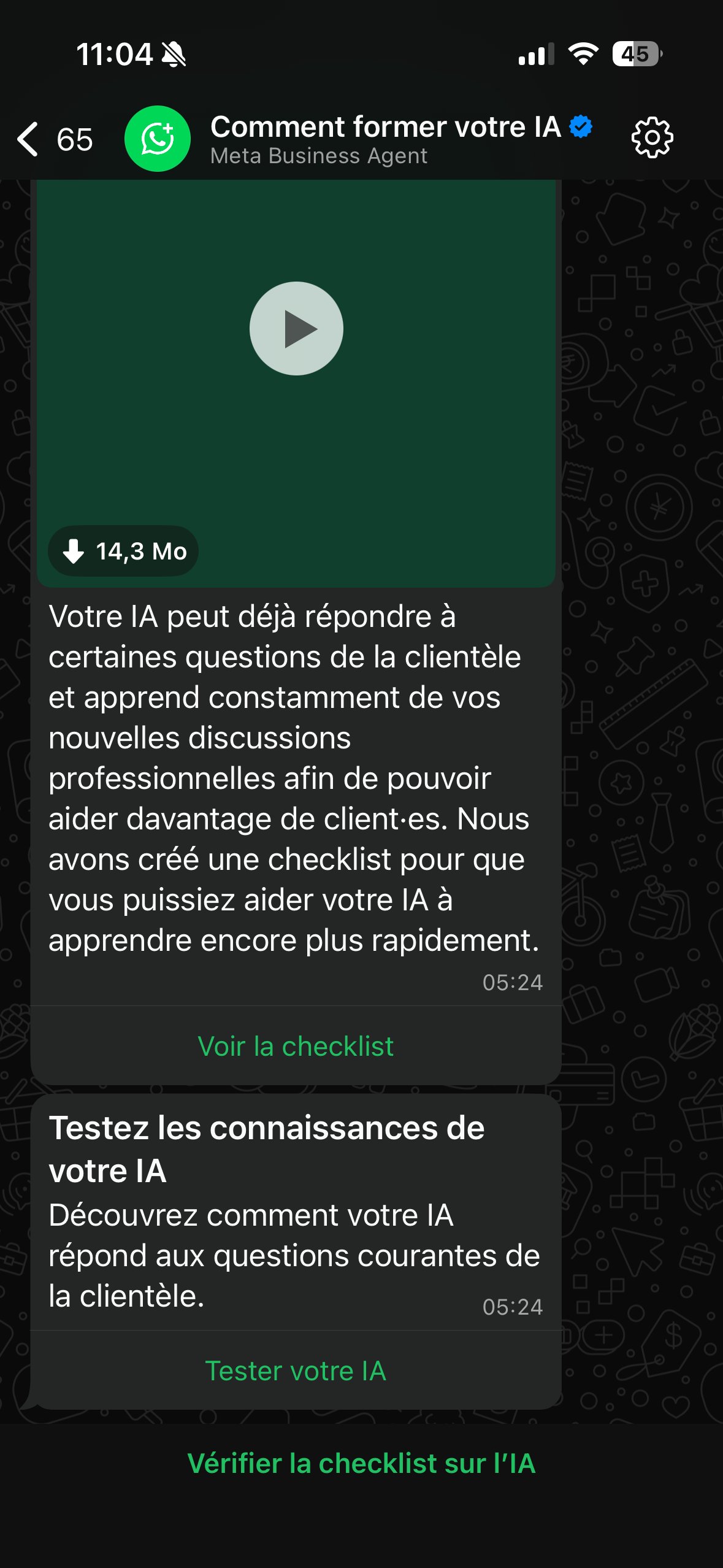 Notification reçue sur WhatsApp Business annonçant l'activation du Meta Business Agent