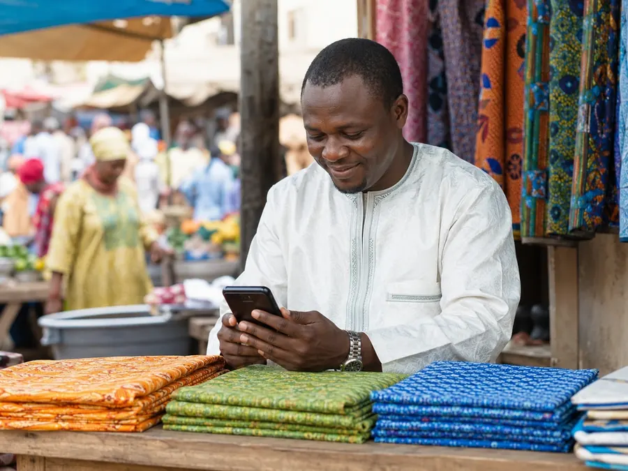 Commerçant dakarois utilisant WhatsApp Business sur smartphone dans son commerce