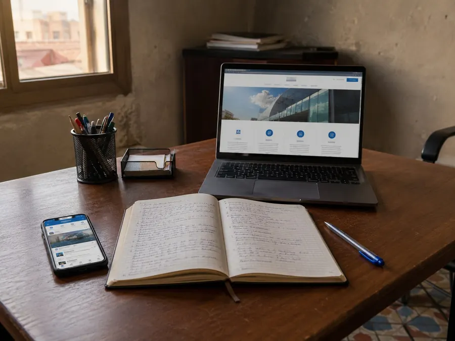 Bureau dakarois avec smartphone Facebook et laptop affichant un site web professionnel